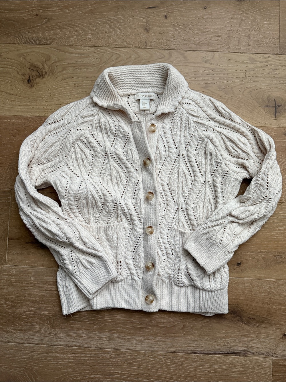 Cynthia Rowley Cream Open-Knit Button Cardigan